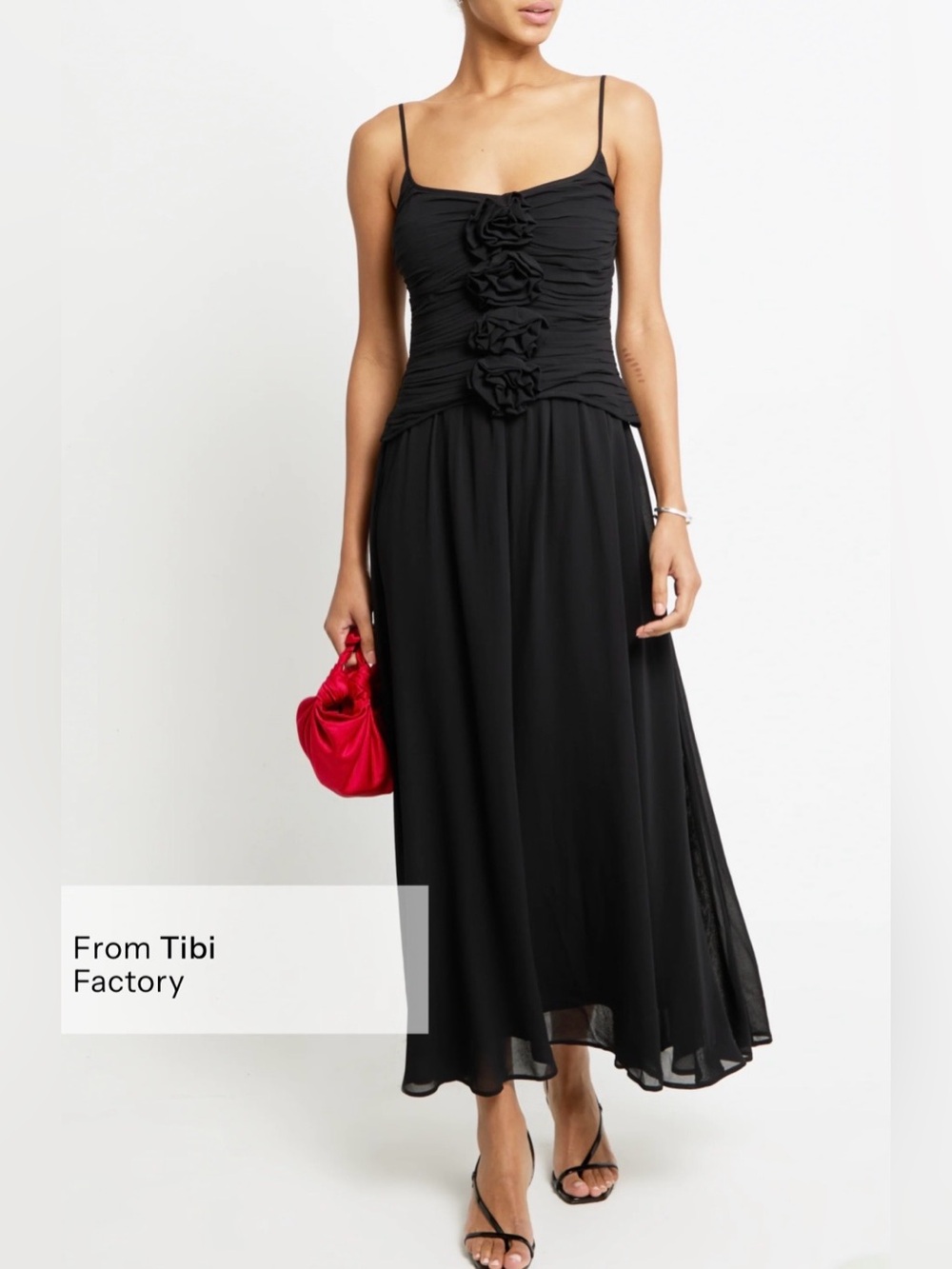 o.p.t. Corinne Dress Size 4 Black NWT Tibi Factory Rosette Chiffon Maxi